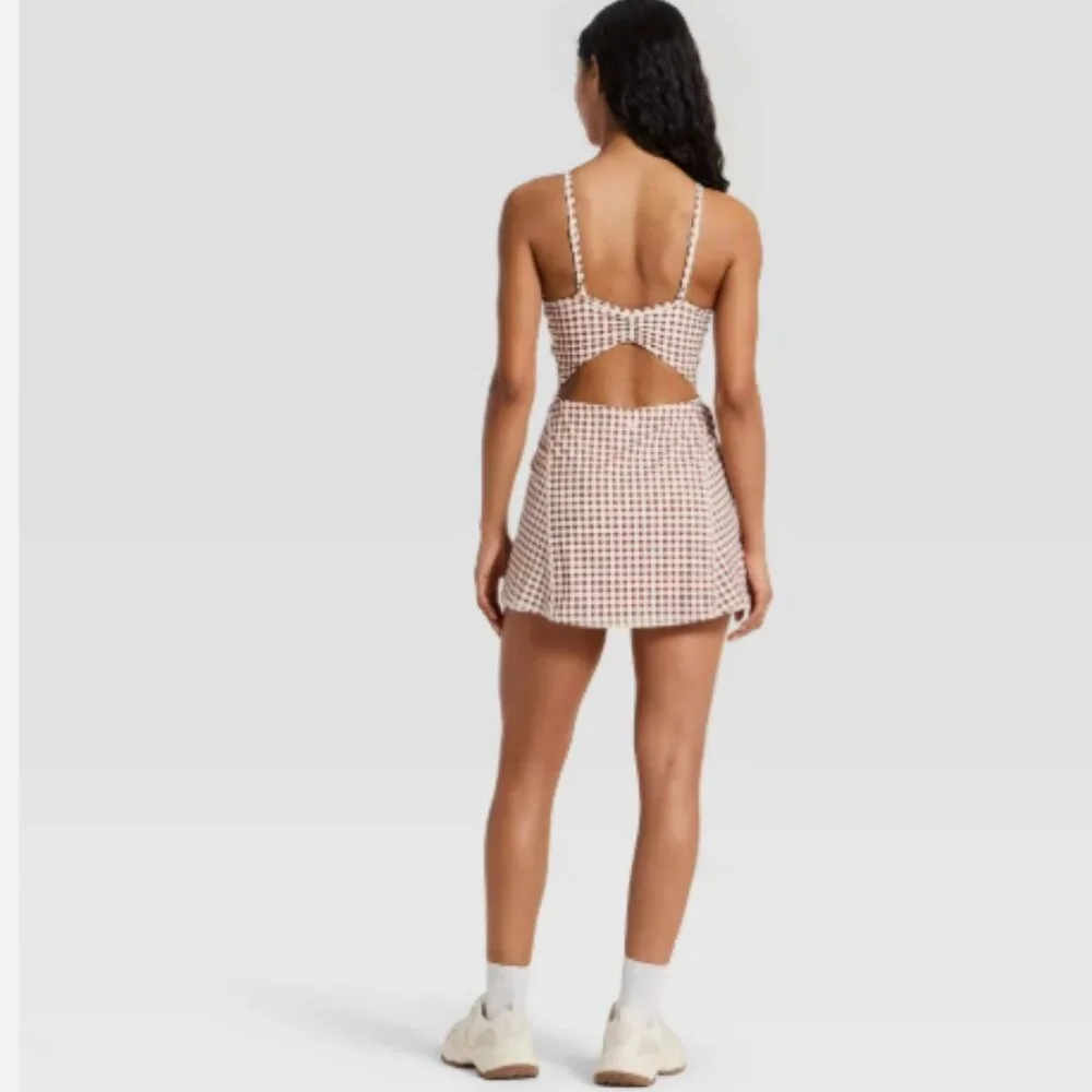 JoyLab - Women's Cinch Back Active Dress - Brown Gingham Medium - Picture 3 of 4